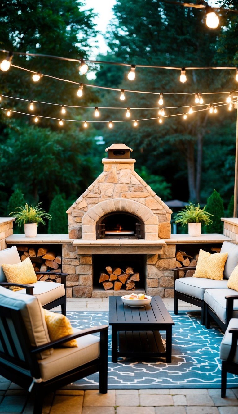 A cozy backyard patio with a built-in stone oven surrounded by comfortable seating and string lights