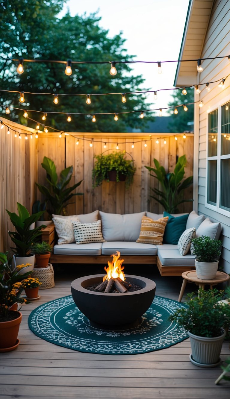 A floating deck surrounded by potted plants and string lights, with cozy seating and a small fire pit for a budget-friendly outdoor patio