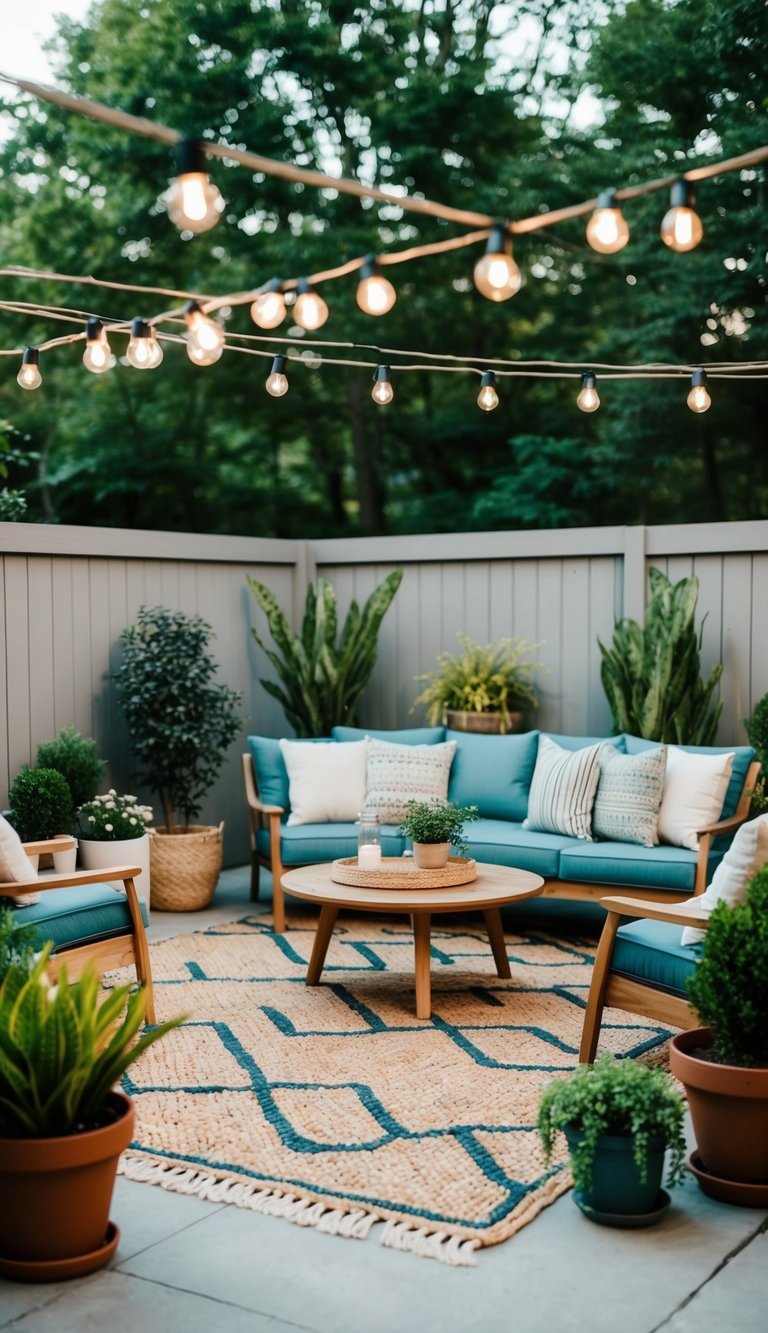 An outdoor rug defines a cozy seating area on a budget patio, surrounded by potted plants and string lights