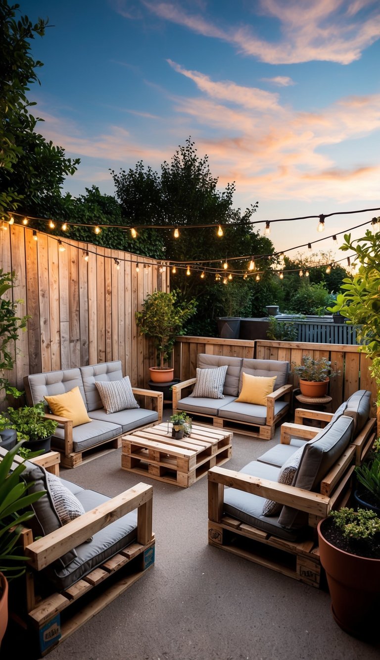 A cozy outdoor patio with homemade furniture crafted from pallets and reclaimed wood. Various seating and table options surrounded by potted plants and string lights