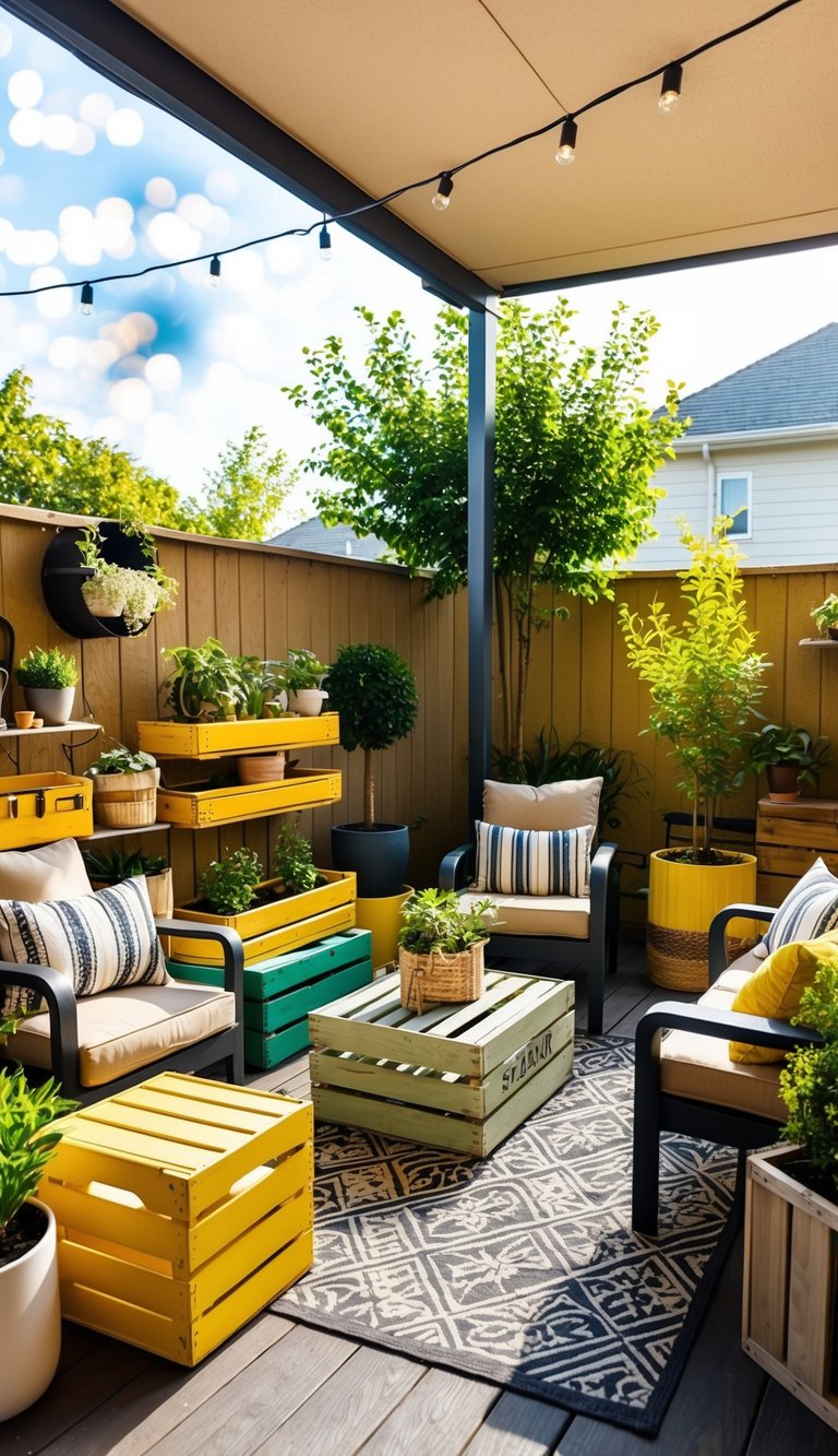 A sunny patio filled with upcycled crate decor, including shelves, planters, and seating, all creating a cozy and stylish outdoor space on a budget