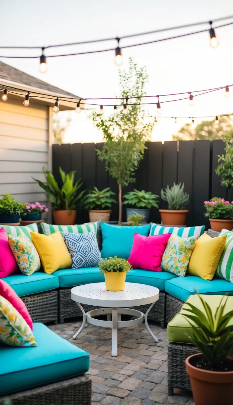 Brightly colored outdoor cushions arranged on various budget-friendly patio furniture, surrounded by potted plants and string lights