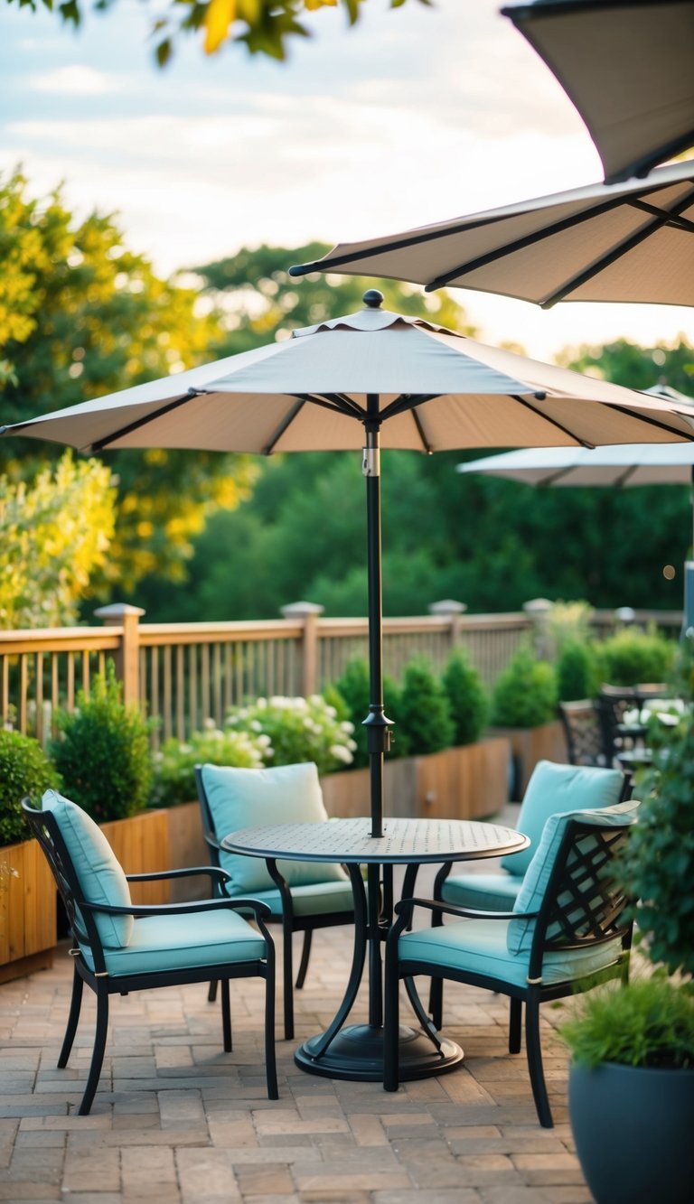 A cozy patio with 25 budget-friendly umbrella shades providing shade and creating a relaxing outdoor space