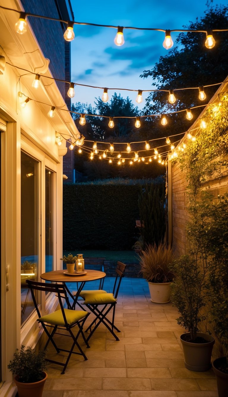 A small patio with warm string lights hanging from the ceiling, casting a cozy and inviting glow over the space