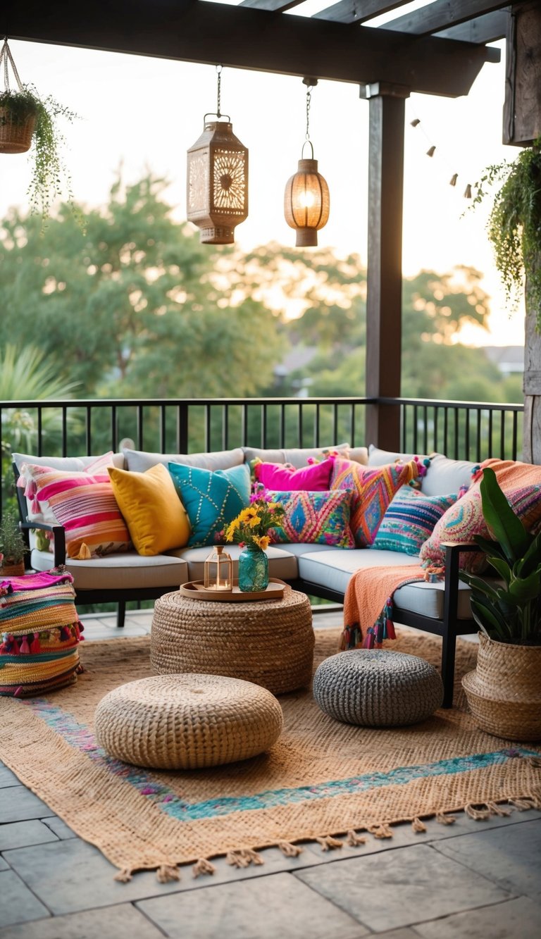 A cozy outdoor patio adorned with bohemian accessories, including colorful throw pillows, woven rugs, and hanging lanterns, creating a relaxed and budget-friendly atmosphere
