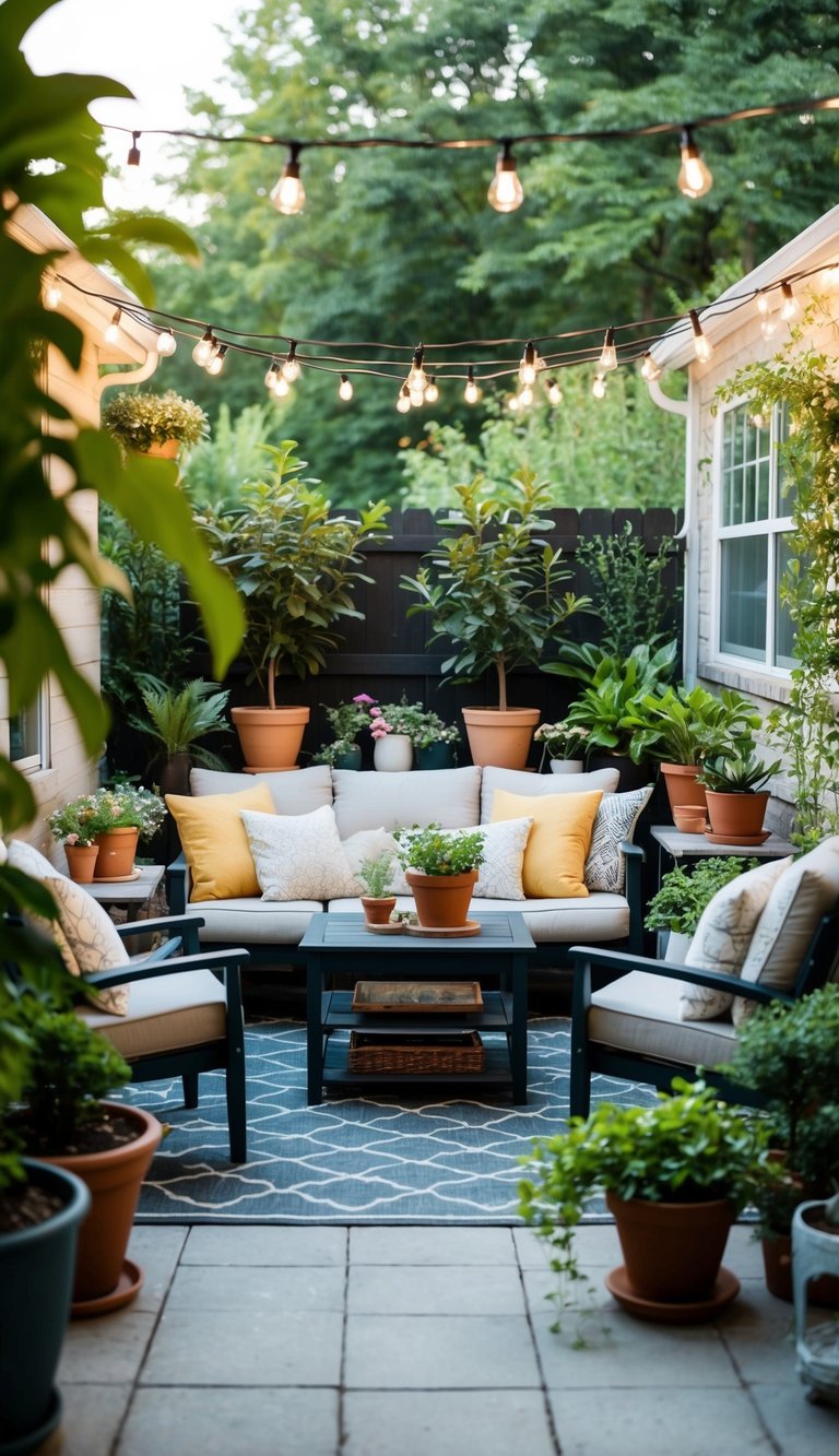 A cozy patio filled with potted plants, string lights, and comfortable seating, creating a serene garden oasis on a budget