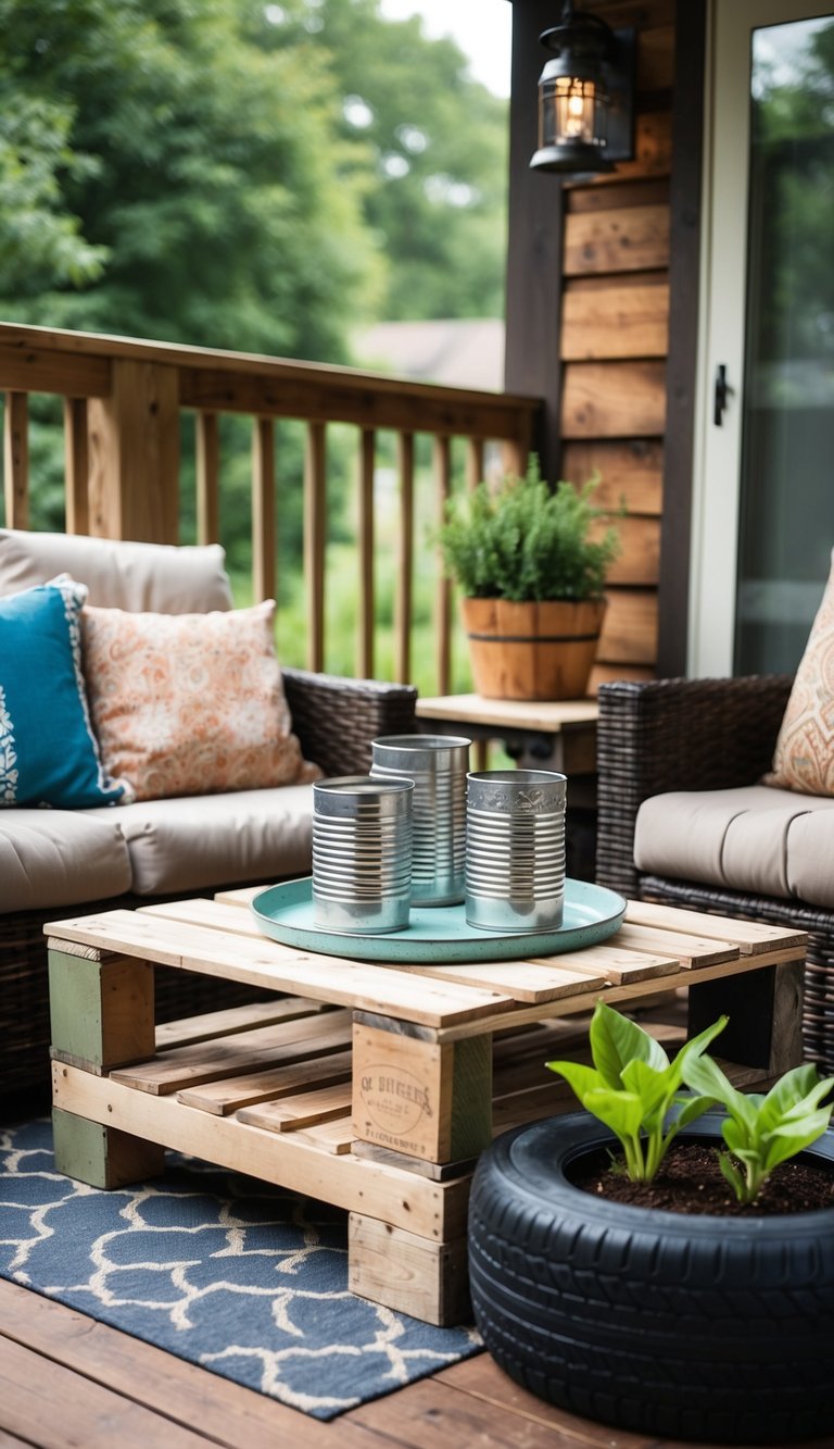 A cozy patio adorned with upcycled decor: a pallet coffee table, tin can lanterns, and a repurposed tire planter. Rustic charm meets sustainability