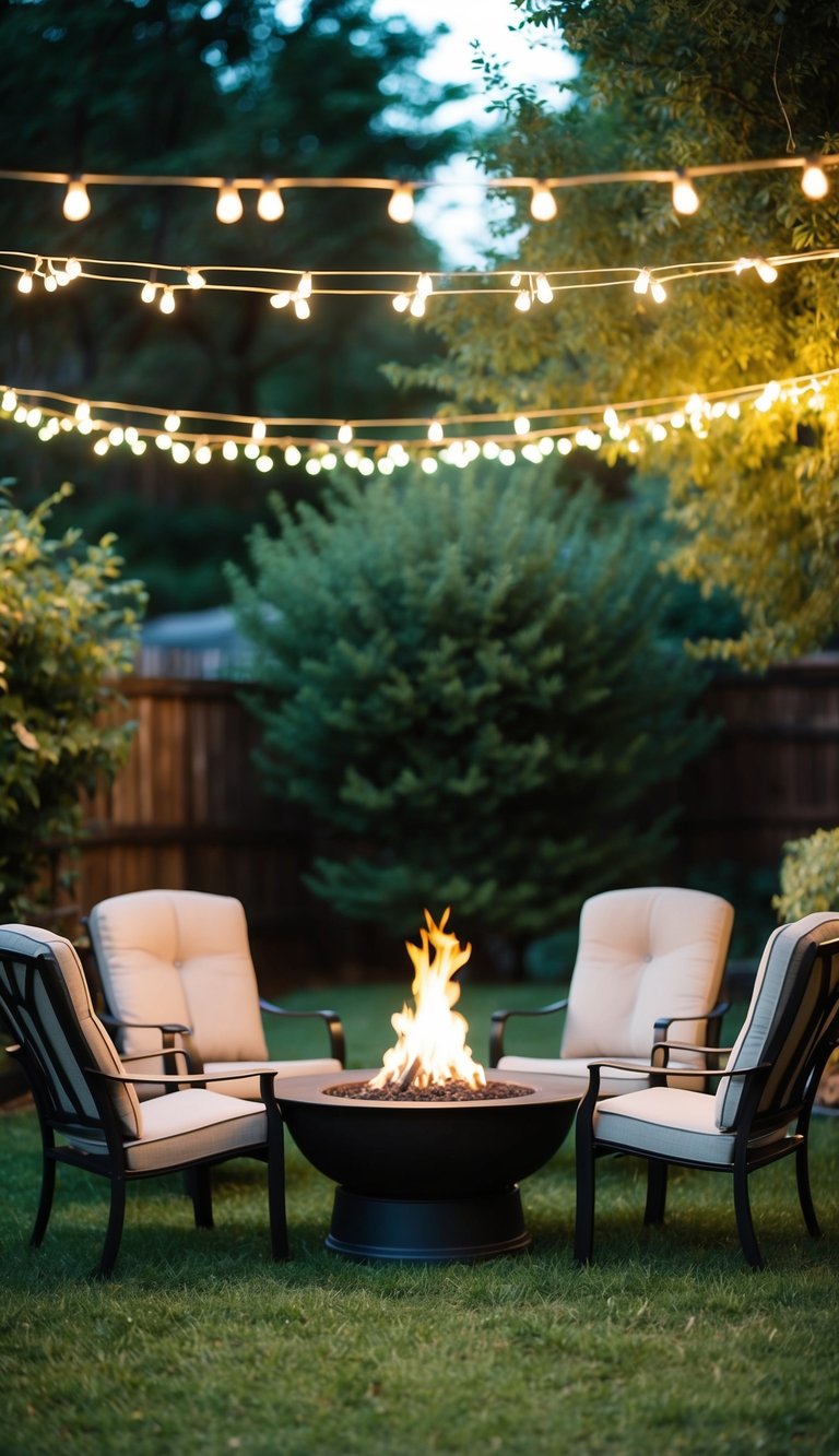A small fire pit surrounded by patio chairs, nestled in a backyard garden with twinkling string lights overhead