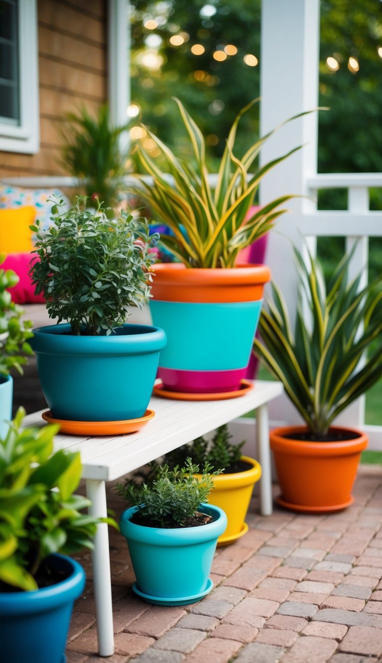 A cozy outdoor patio with a variety of potted plants in colorful and inexpensive planters