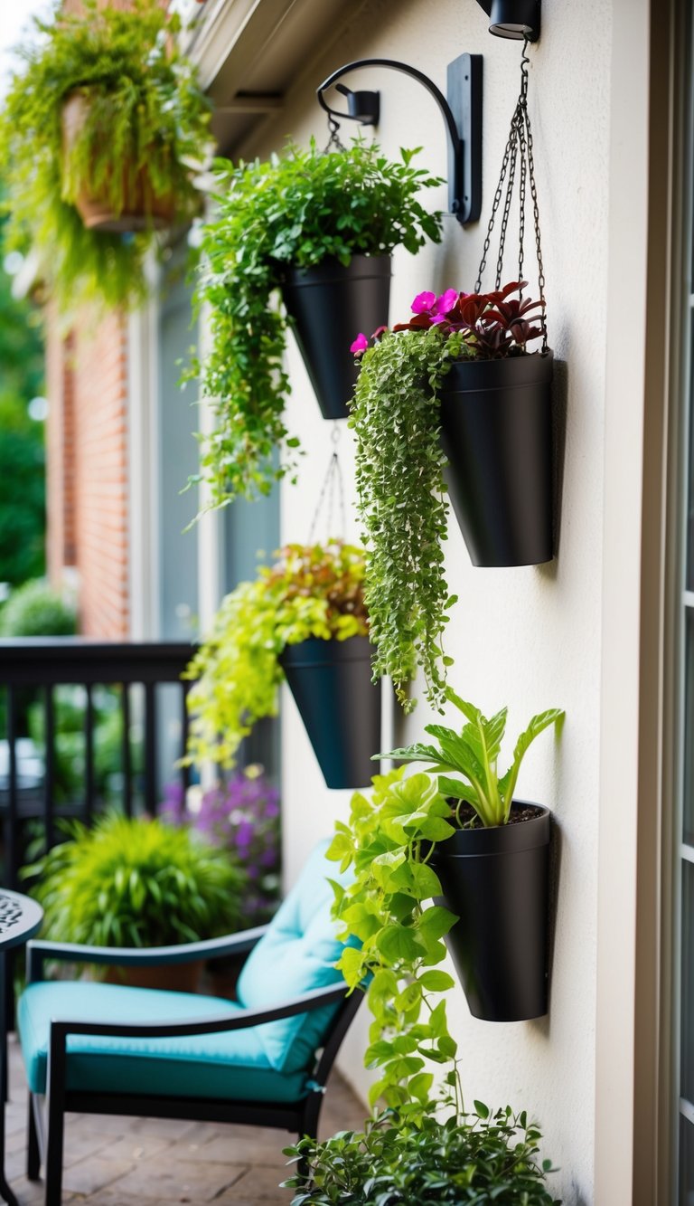 Hanging planters adorn a small patio, utilizing vertical space. A mix of greenery cascades down, adding color and life to the outdoor area