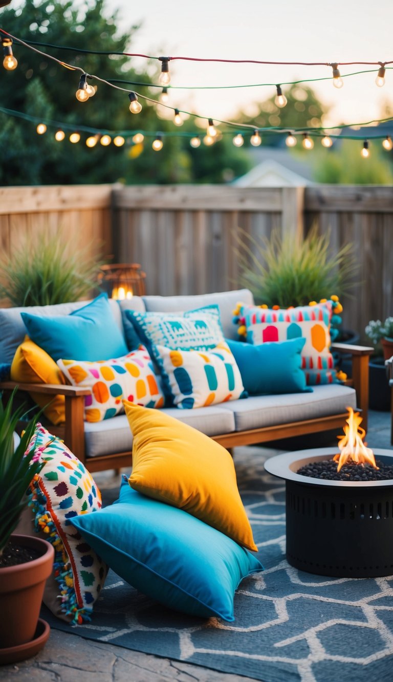 Colorful throw pillows scattered on a cozy outdoor patio with string lights, potted plants, and a small fire pit