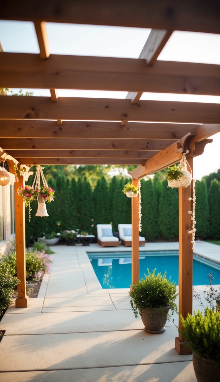 A wooden pergola shades a poolside patio, adorned with 24 decorating ideas