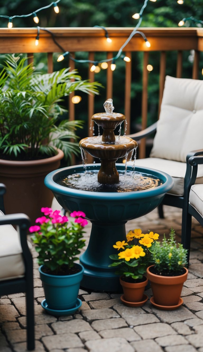 A small, bubbling water fountain nestled among potted plants on a cozy patio. Surrounding it are comfortable chairs and twinkling string lights, creating a peaceful and serene atmosphere