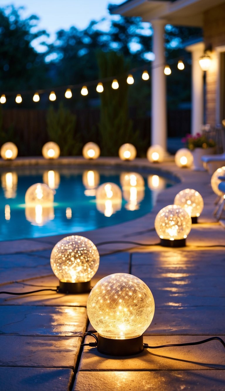 Solar-powered globe lights illuminate a poolside patio, casting a warm glow over the outdoor space. The lights are strategically placed to create a cozy and inviting atmosphere for evening gatherings