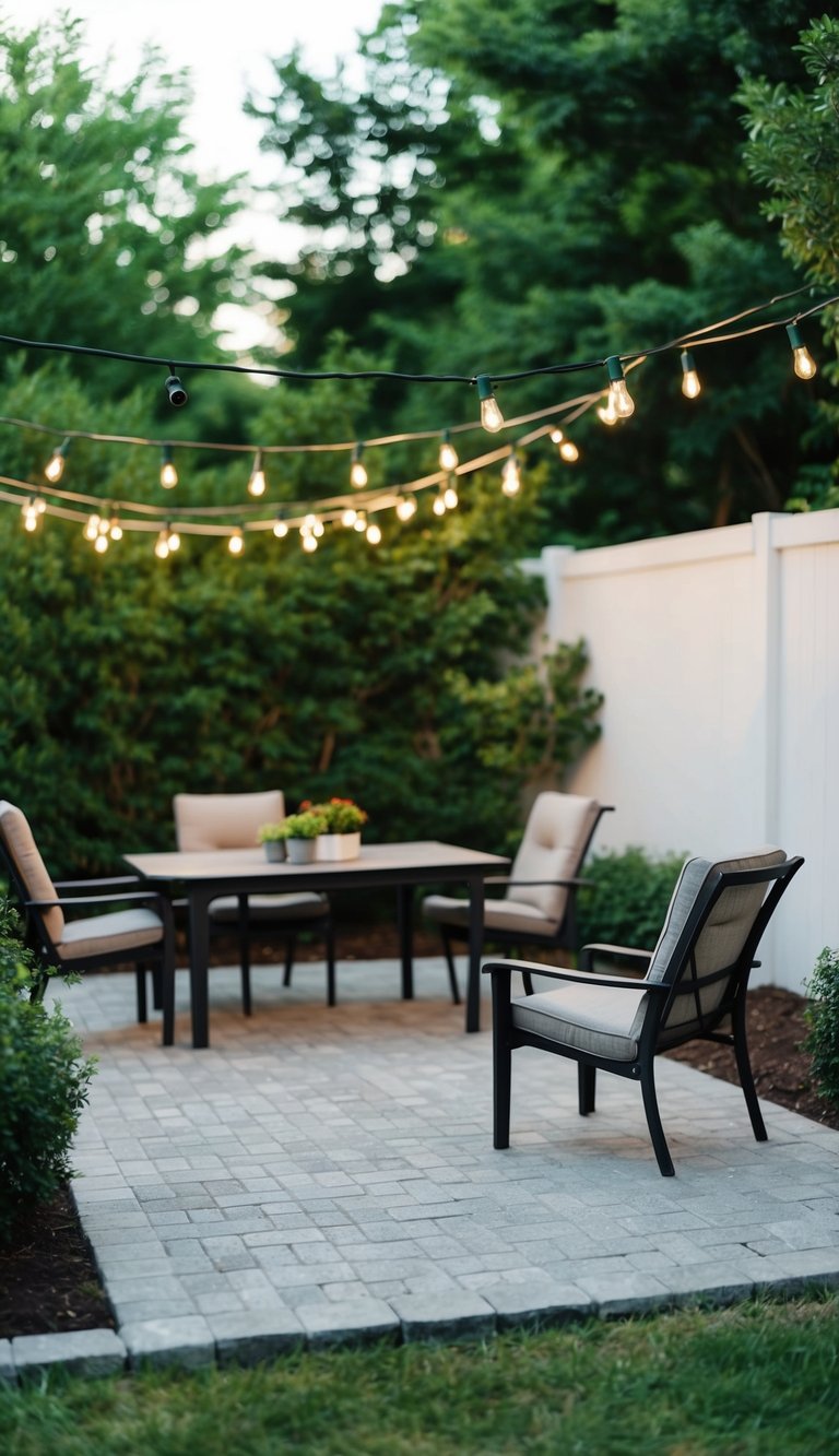 A small concrete paver patio with basic furniture, surrounded by greenery and string lights