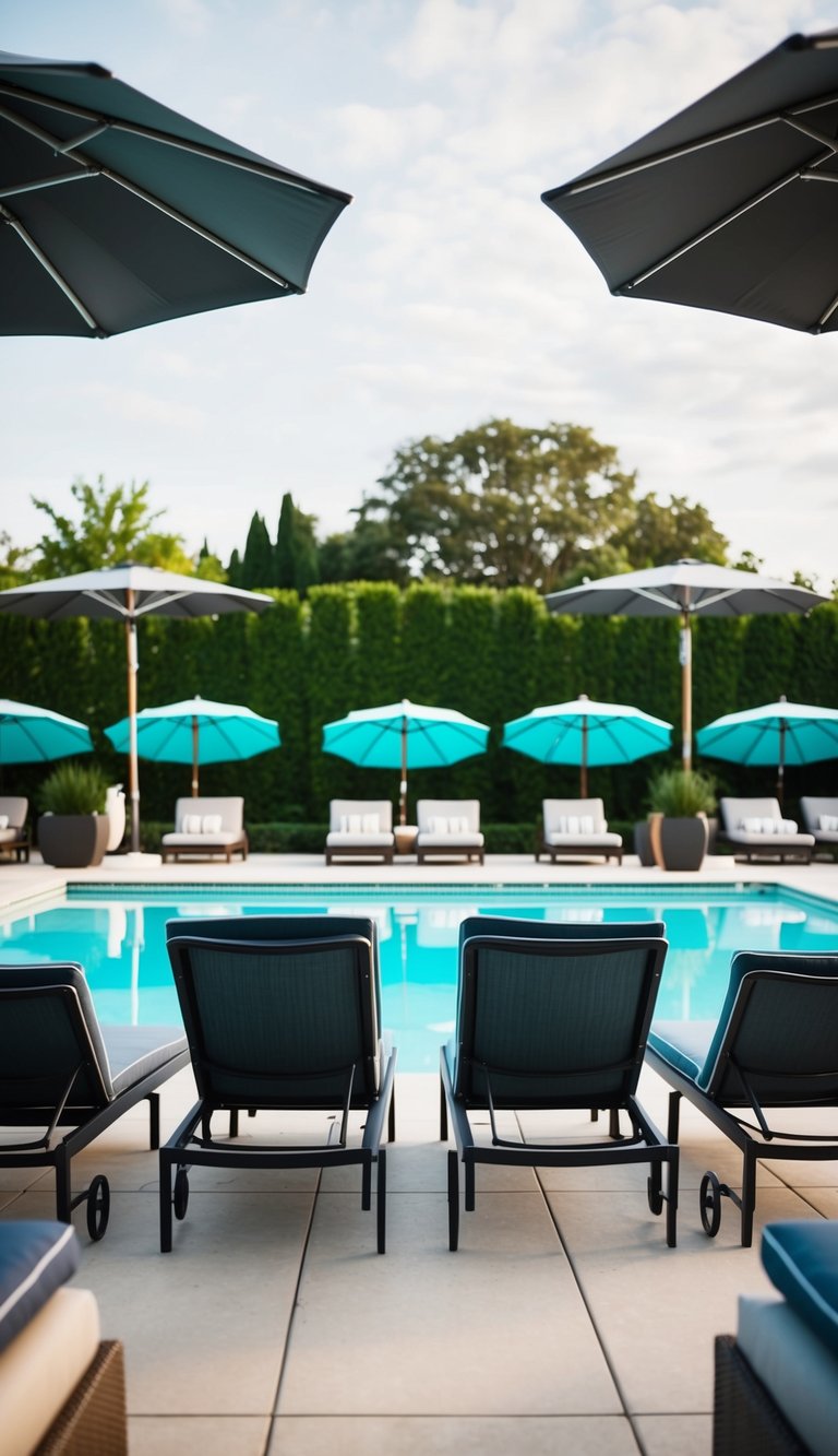 Stylish loungers and patio umbrellas arranged around a sparkling pool, creating a chic and inviting outdoor space