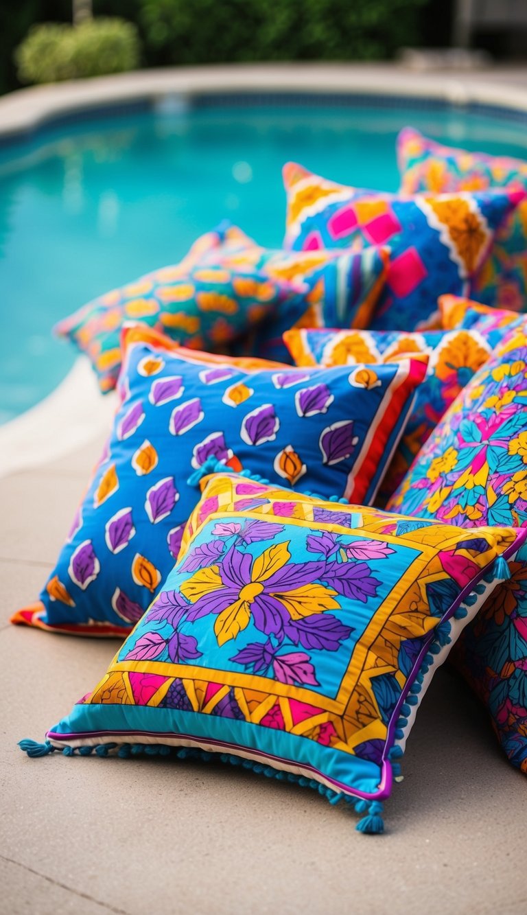 Vibrant block print pillows scattered on a poolside patio, adding a burst of color to the outdoor decor