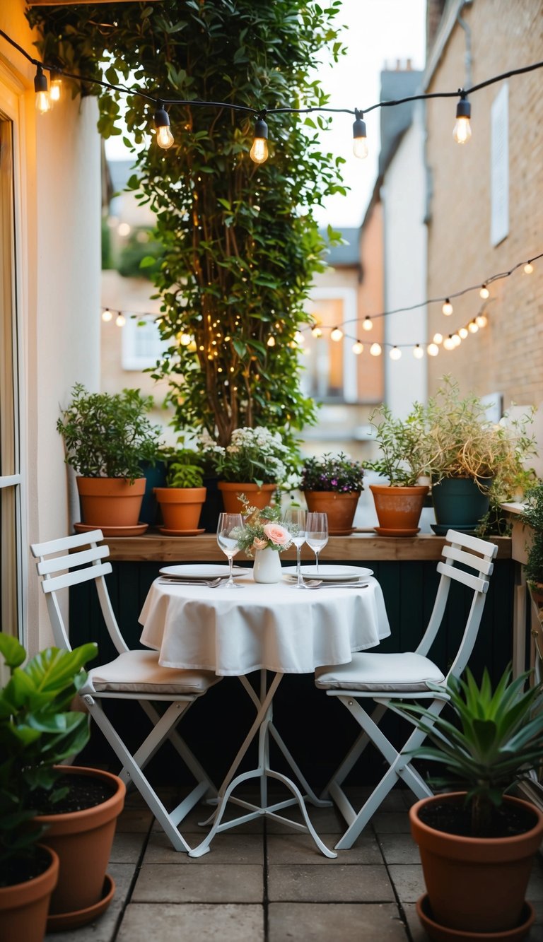 A cozy bistro set nestled on a small patio, surrounded by potted plants and string lights, creating a romantic and intimate dining space