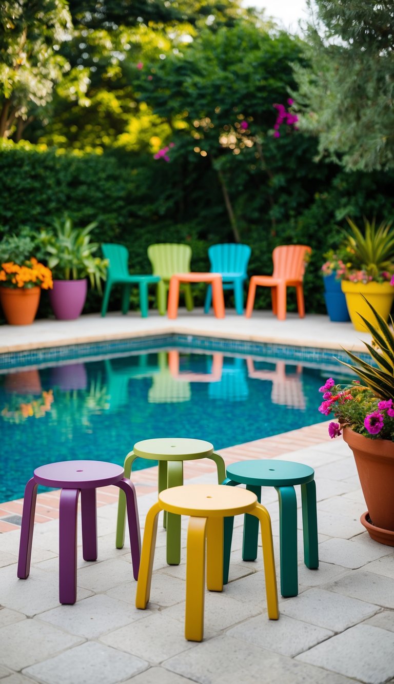 A poolside patio with colorful garden stools arranged for extra seating, surrounded by lush greenery and vibrant potted plants
