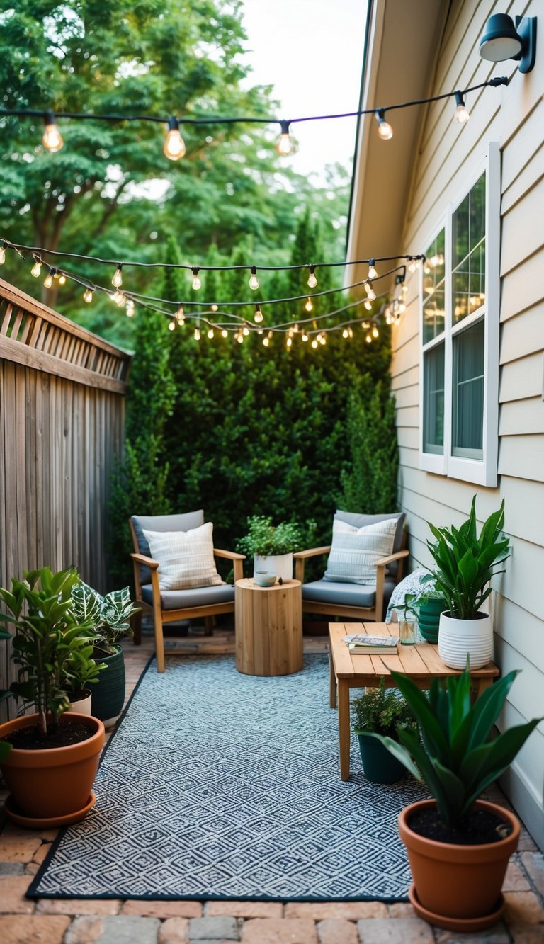 A small outdoor patio with a weather-resistant carpet, surrounded by potted plants and string lights, creating a cozy and budget-friendly outdoor space