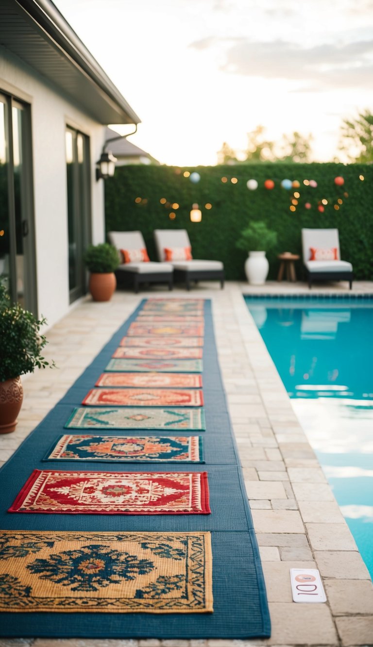 A poolside patio with colorful waterproof outdoor rugs and various decorative elements