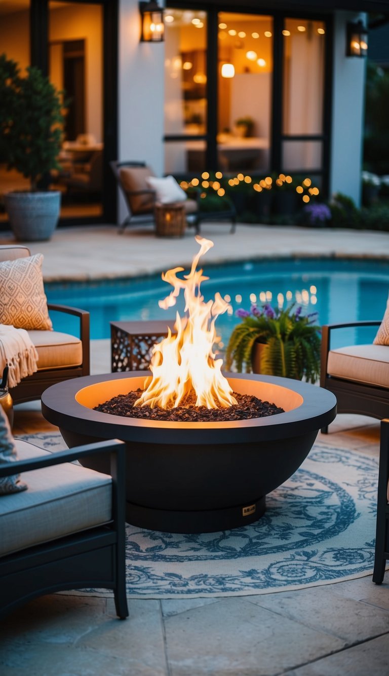 A fire pit surrounded by comfortable seating on a poolside patio, with soft lighting and decorative accents creating a cozy and inviting atmosphere for evening gatherings