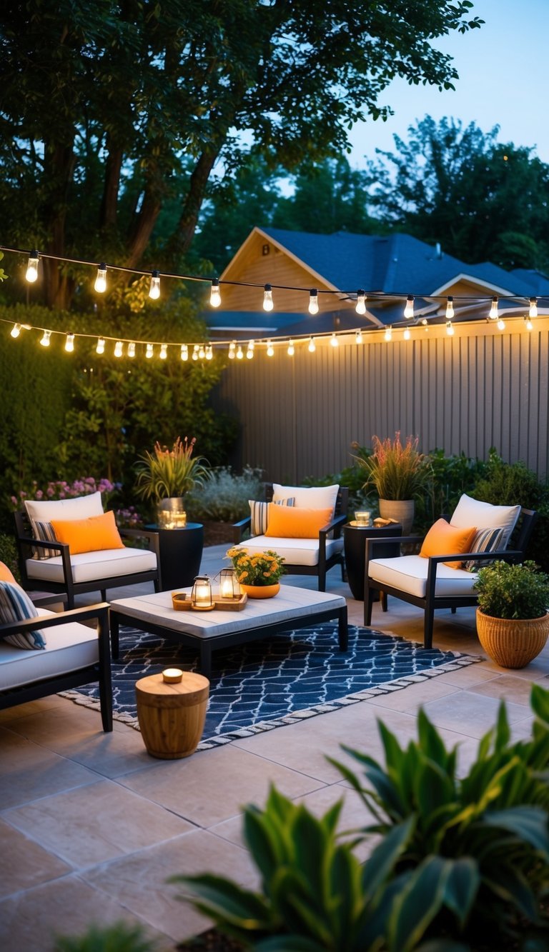 A backyard patio with solar-powered garden lights illuminating a variety of budget-friendly decor and seating arrangements