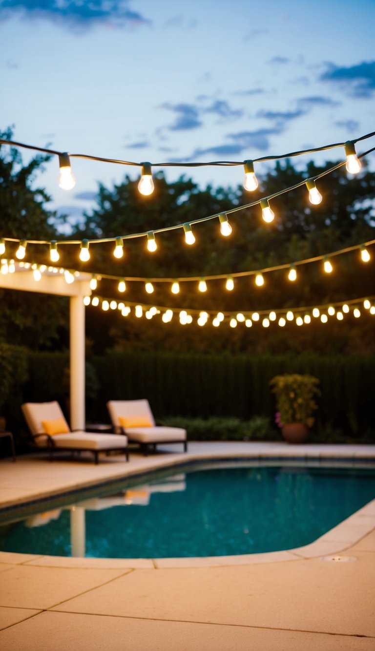 String lights hang above a poolside patio, casting a warm glow over the outdoor space