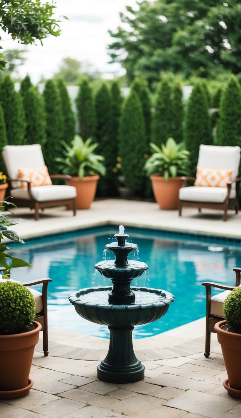 A small fountain surrounded by potted plants and comfortable seating on a poolside patio