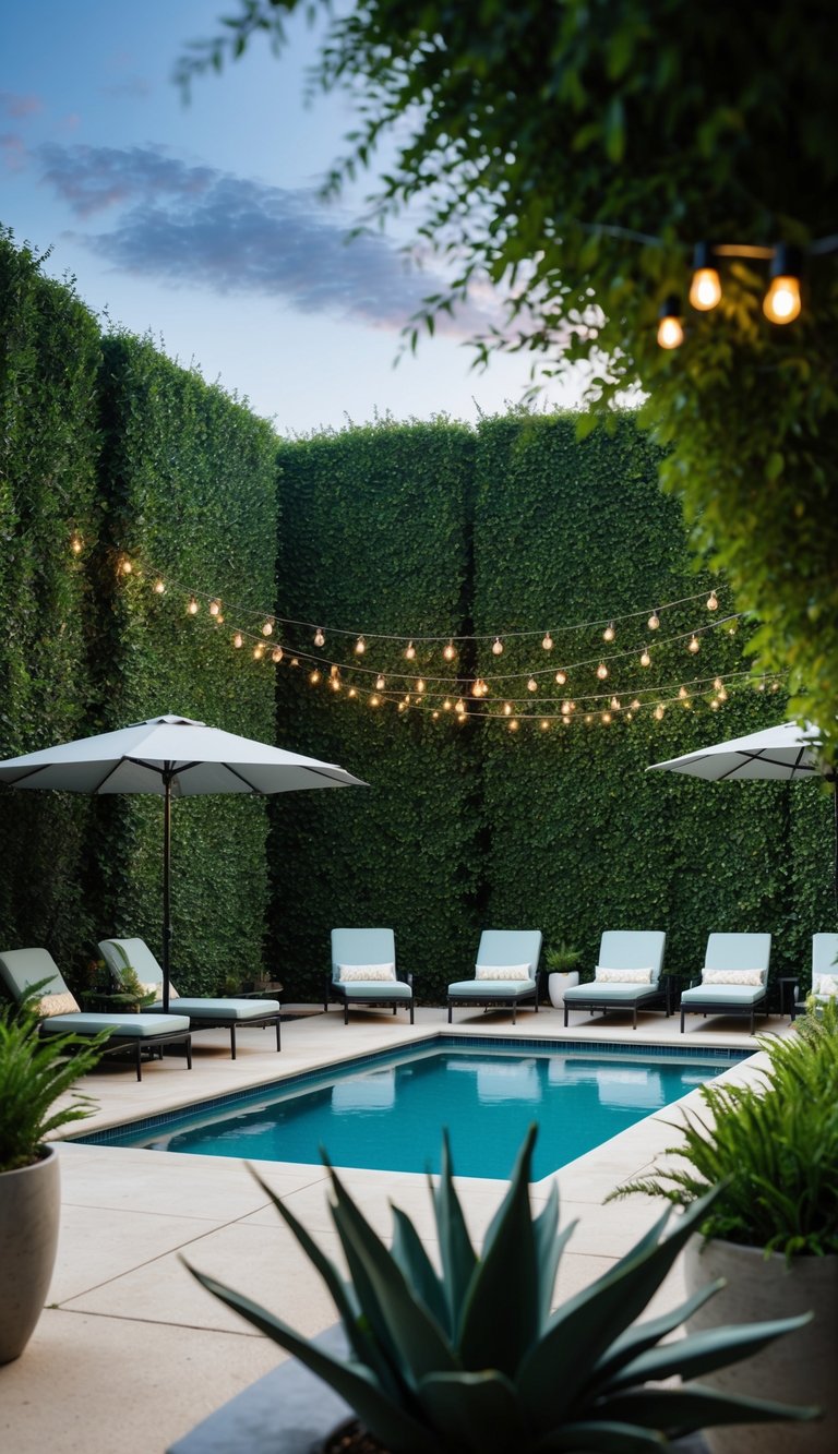 Tall plants surround a pool patio, creating privacy. Lounge chairs, umbrellas, and string lights complete the inviting, relaxing atmosphere