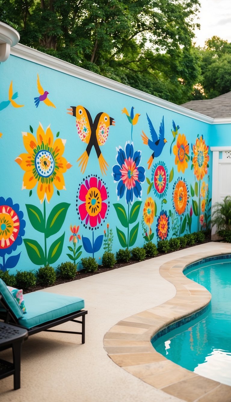 A vibrant outdoor mural adorns the pool patio, featuring colorful hand-painted flowers, birds, and geometric patterns, creating a lively and inviting atmosphere