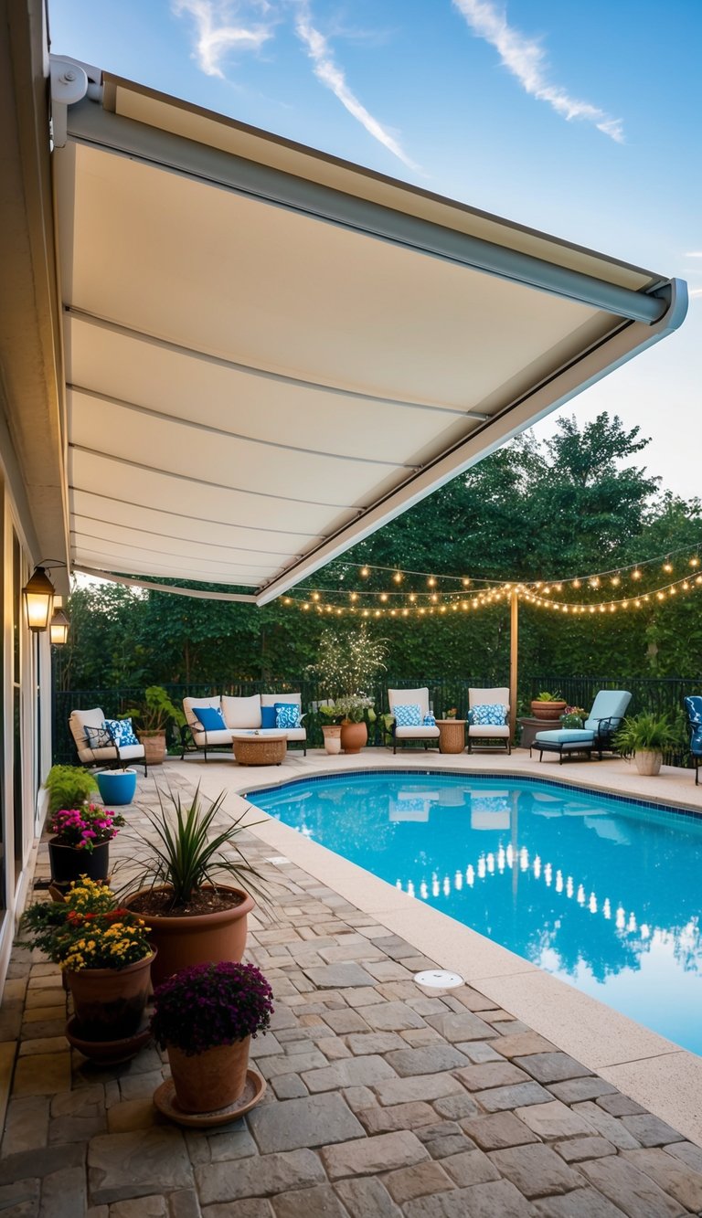 A retractable awning being installed over a poolside patio, surrounded by various decorating ideas such as potted plants, outdoor furniture, and string lights