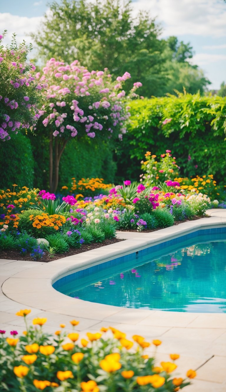Flower beds encircle a pool, with colorful blooms and lush greenery creating a vibrant and inviting atmosphere