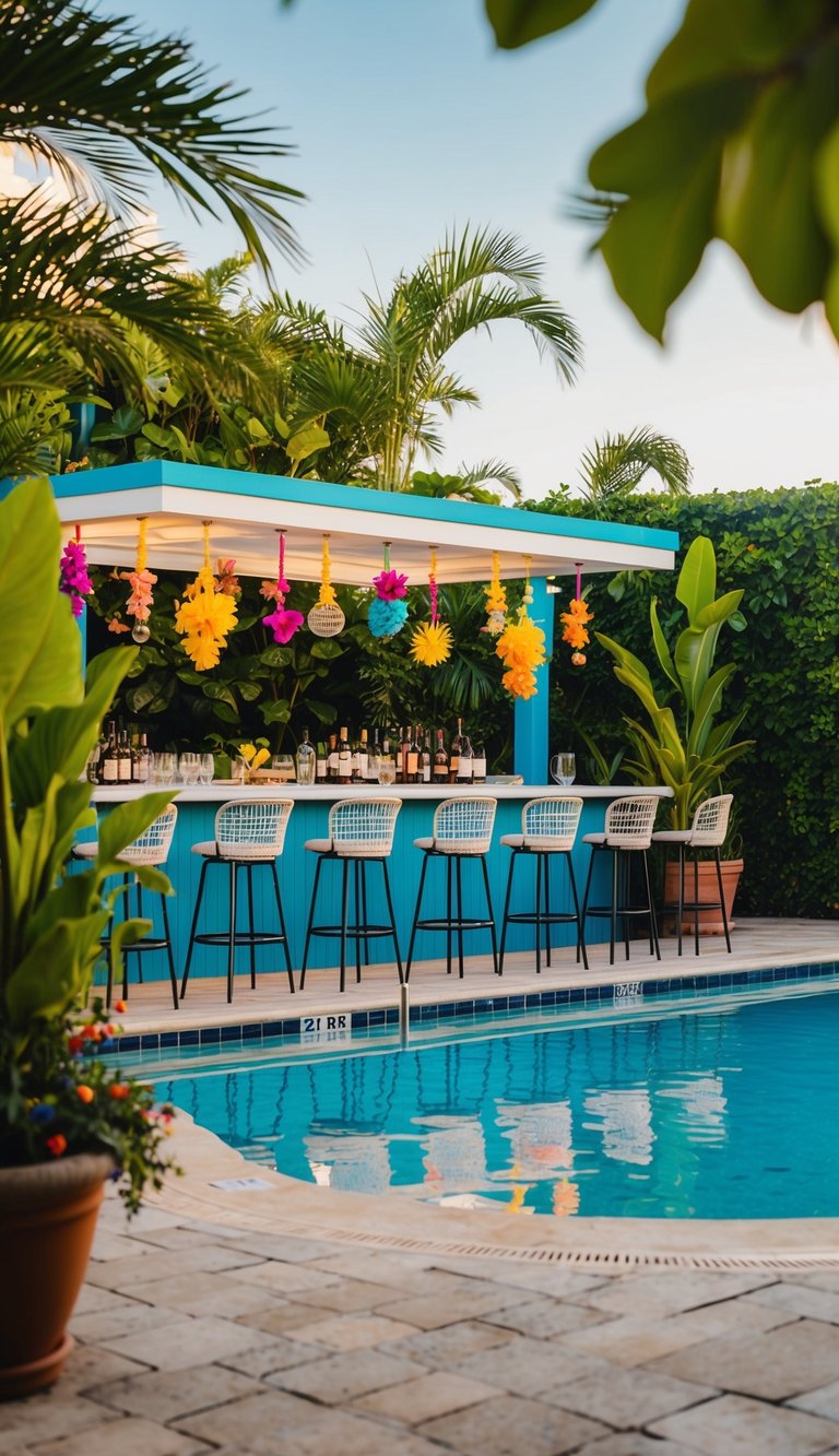 A poolside bar with stools, surrounded by lush greenery and colorful decorations, creating a vibrant and inviting atmosphere for guests to enjoy