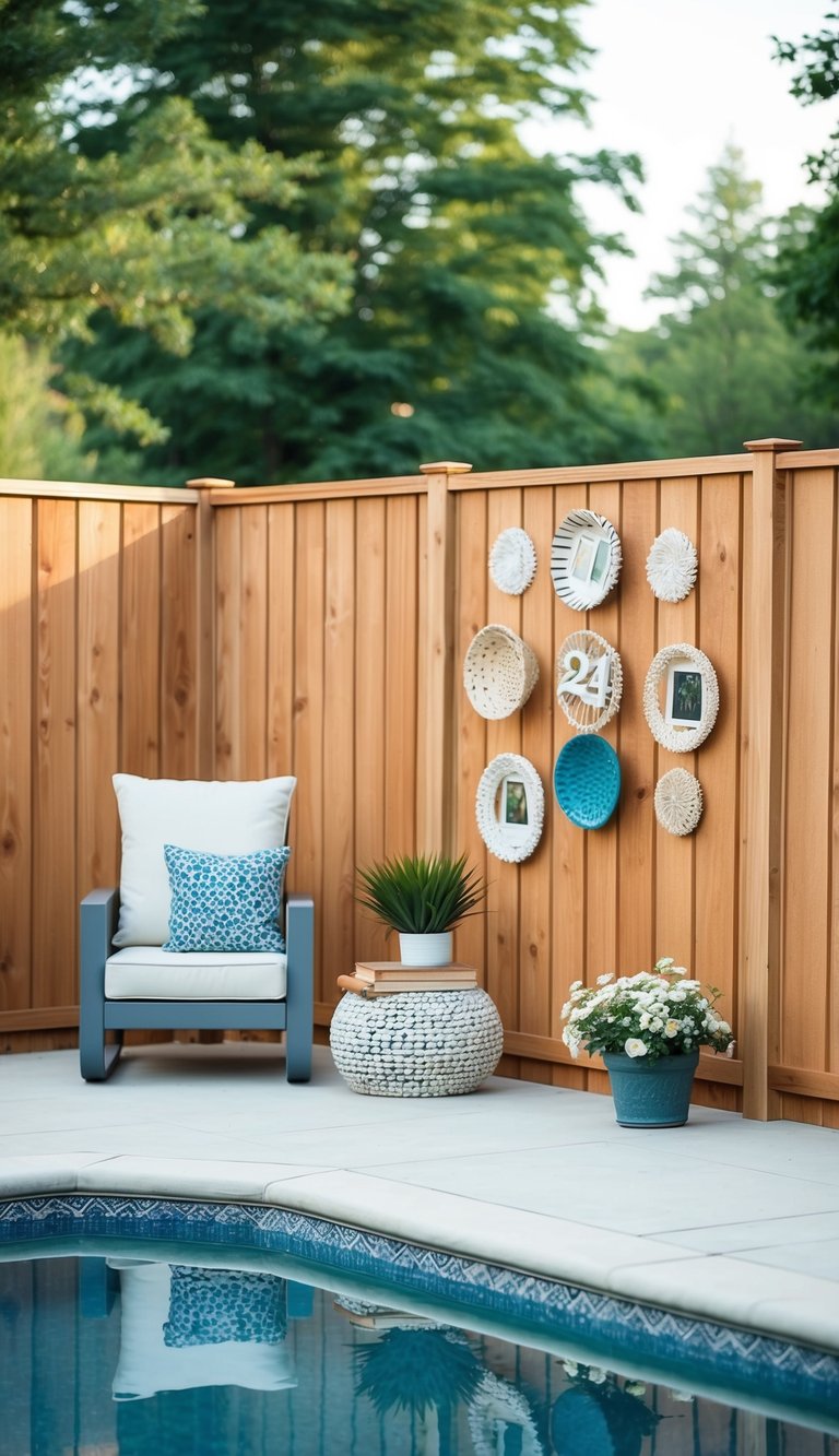 A cedar privacy fence surrounds a pool patio, adorned with 24 decorating ideas