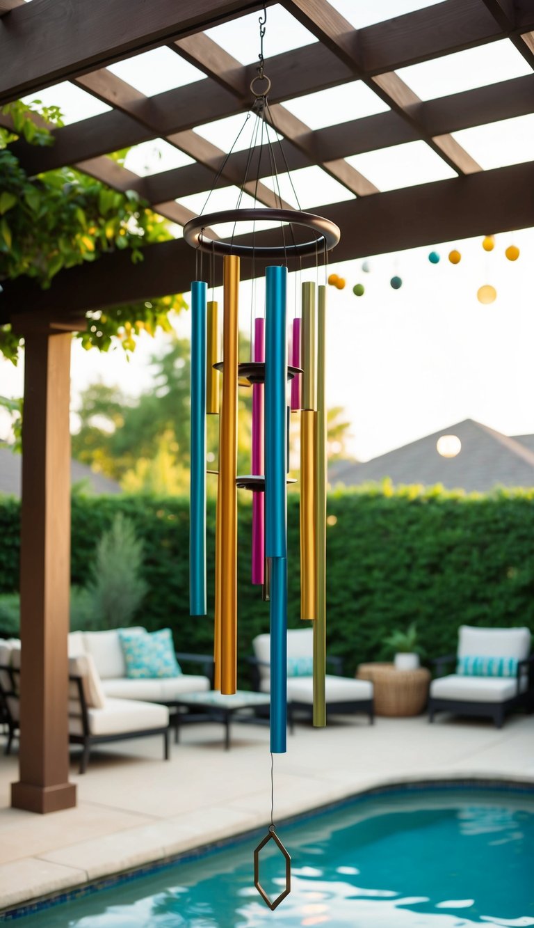 Colorful wind chimes hang from a pergola, swaying in the breeze above a poolside patio with cozy seating and lush greenery