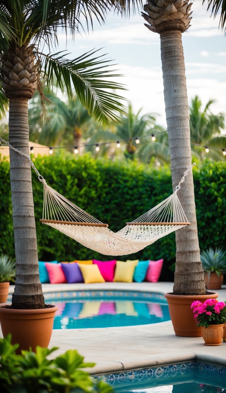 A hammock hangs between two palm trees on a pool patio, surrounded by potted plants and colorful outdoor pillows