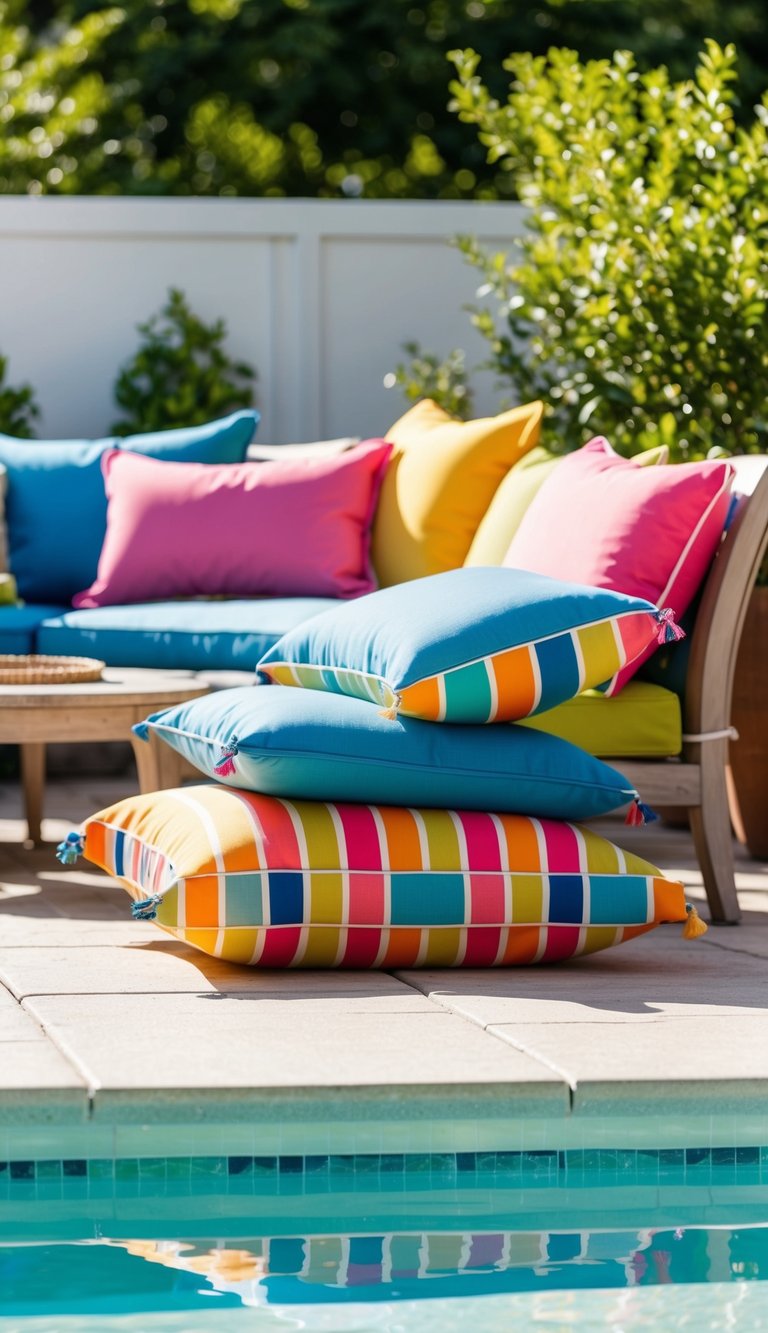 Colorful cushions arranged on a sunlit poolside patio, made from UV-resistant fabric to withstand the elements