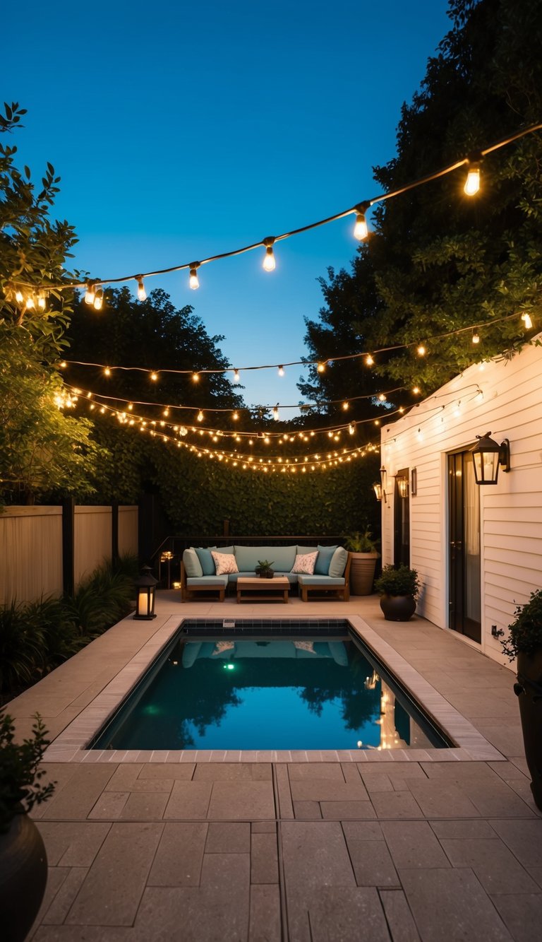 A small pool deck at dusk, lit with string lights and lanterns, casting a warm glow over the seating area and surrounding greenery
