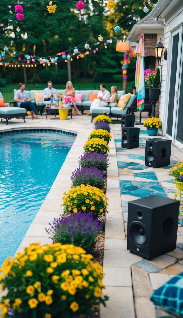 Outdoor speakers are installed around a pool patio, surrounded by colorful decorations and furniture. Music fills the air as people relax and enjoy the outdoor space