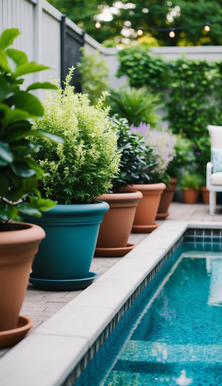 Lush potted plants line a small pool deck, adding a touch of greenery and elegance to the outdoor space