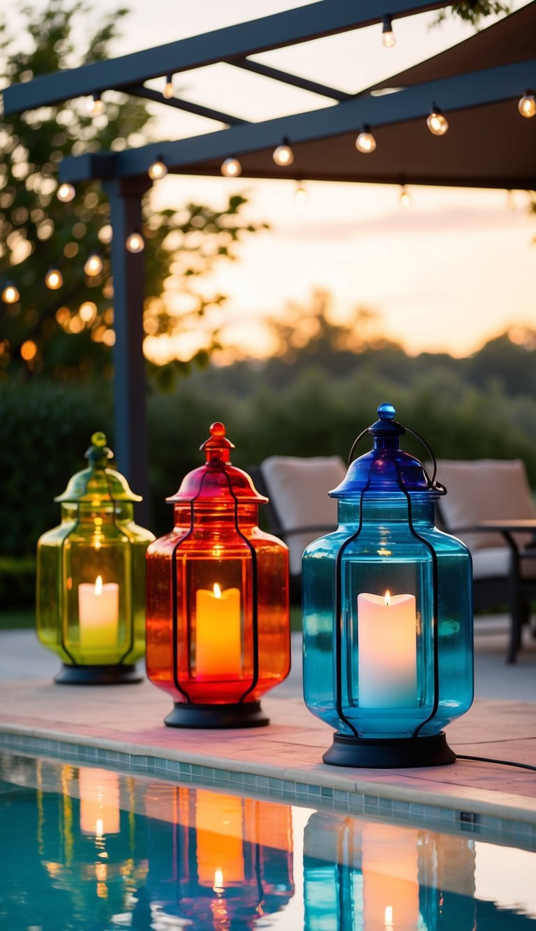 Vibrant colored glass lanterns illuminate a poolside patio, casting a warm and inviting glow