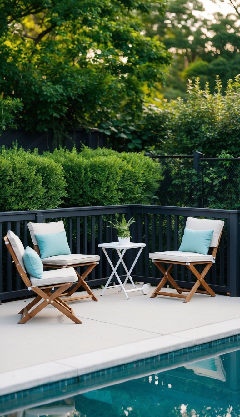 A small pool deck with space-saving furniture, such as foldable chairs and a compact table, nestled between lush greenery and surrounded by a fence