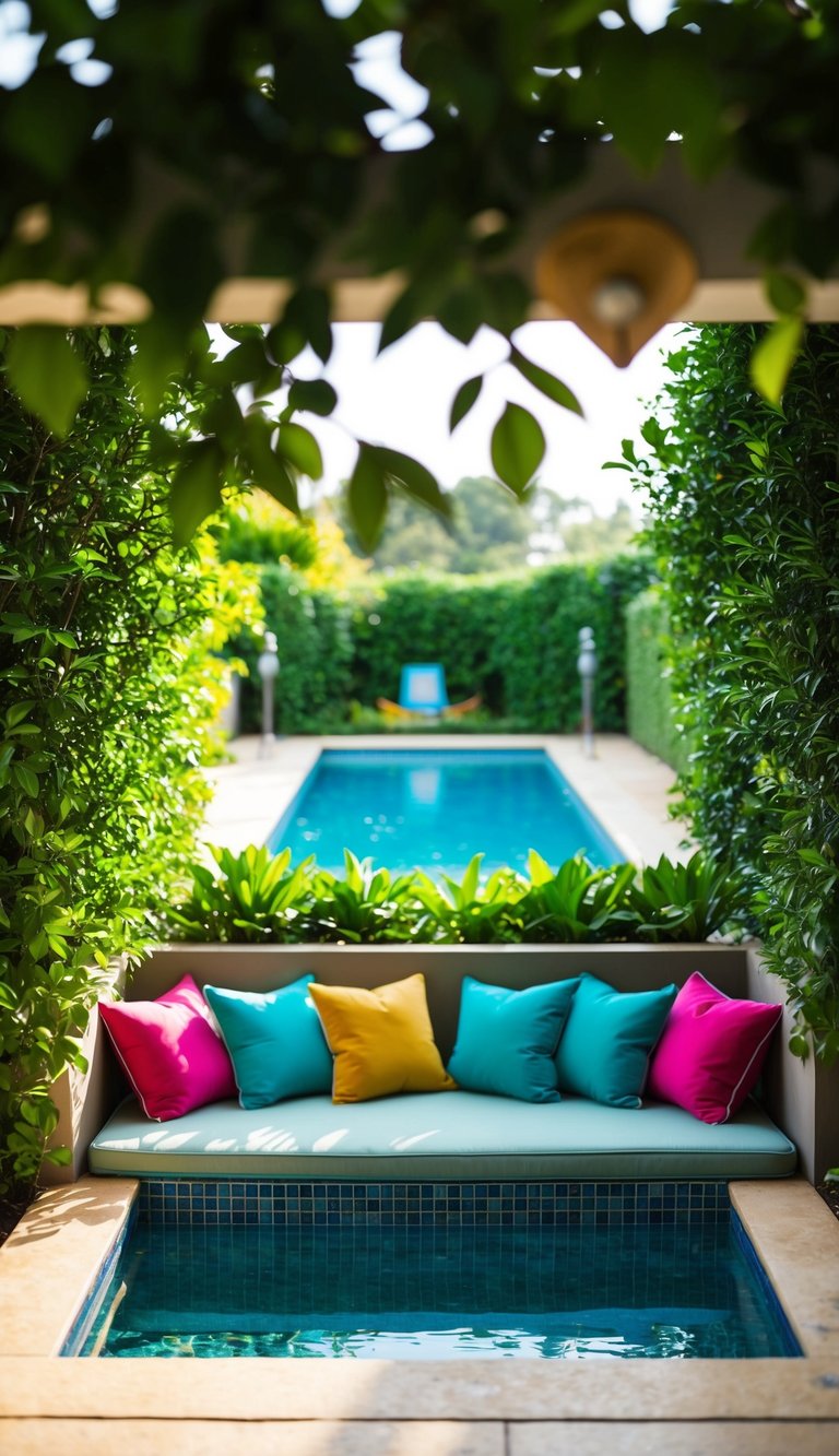 A sunken seating area surrounded by lush greenery and colorful cushions, with a shimmering pool in the background