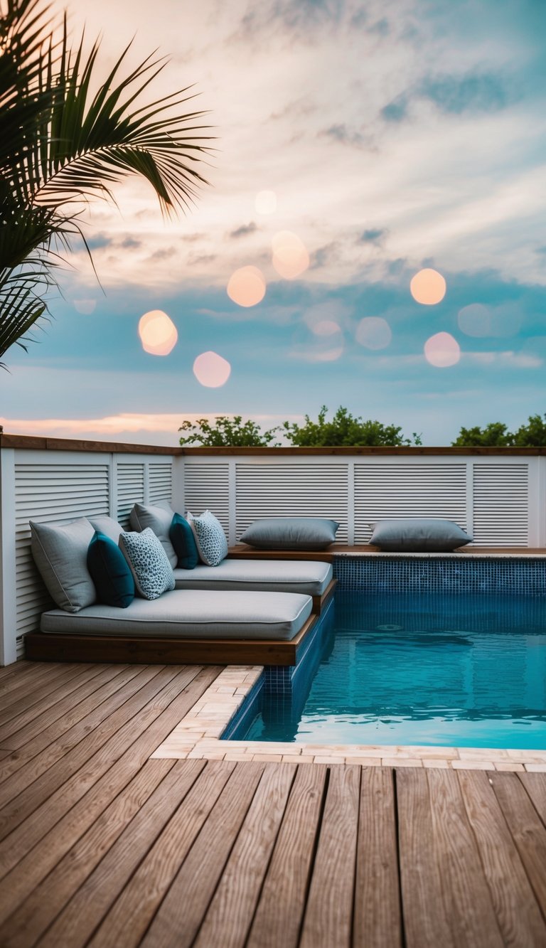 A small pool deck with cushions integrated into a relaxation area