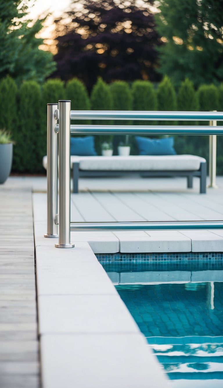 A sleek safety rail encircles a small pool deck, adding a modern and stylish touch to the outdoor space
