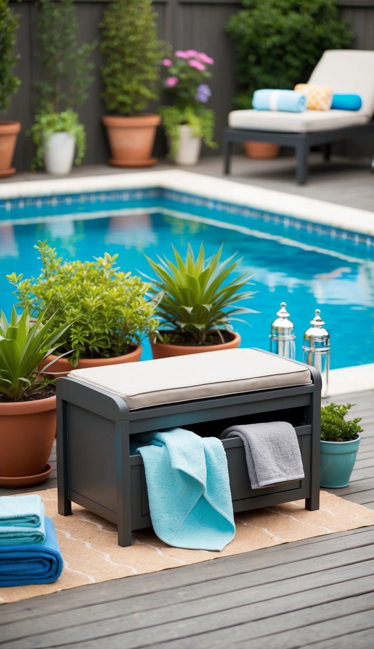 A storage bench sits on a small pool deck, surrounded by potted plants and towels