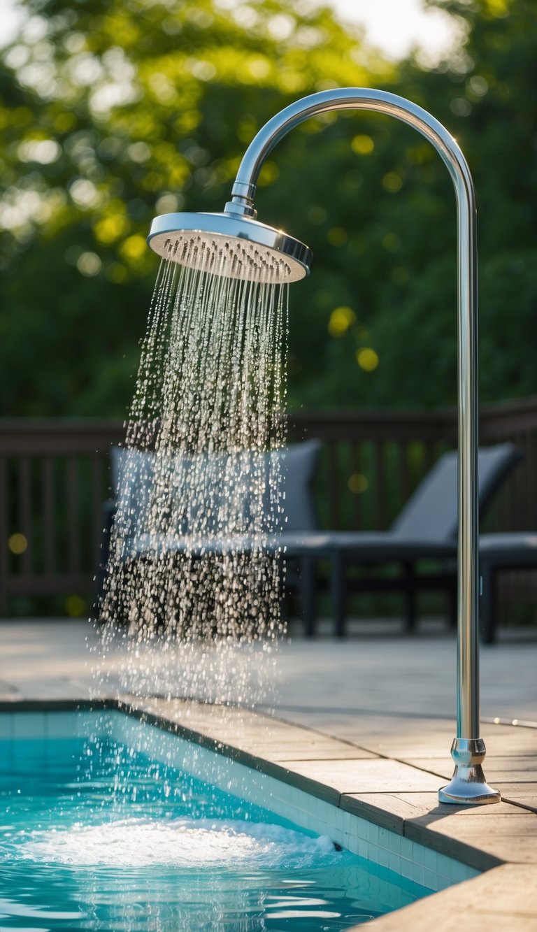 A poolside shower is being installed on a small deck near the pool