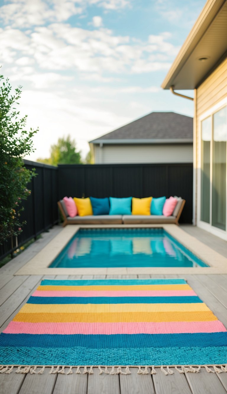 A small pool deck with colorful outdoor rugs adding a vibrant pop of color to the space