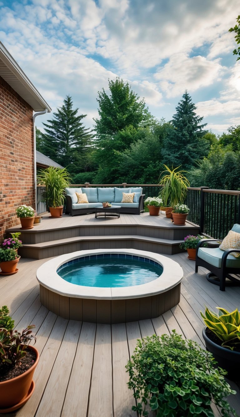 A multi-level deck with a small pool, surrounded by potted plants and comfortable outdoor furniture